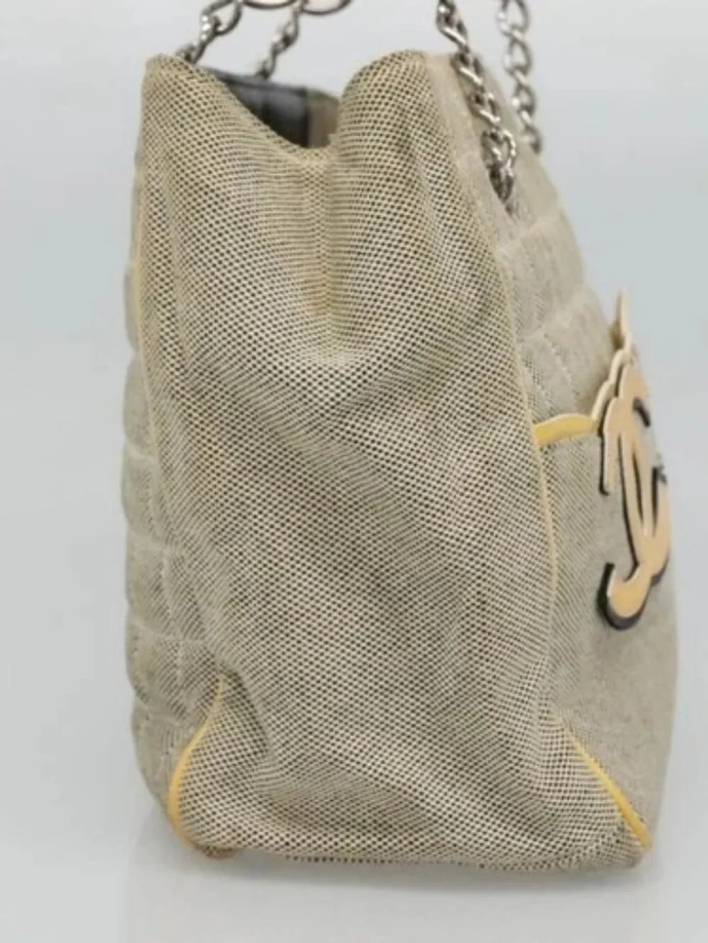 CHANEL Choco Bar Tote Bag Canvas Beige Yellow CC Auth 116301